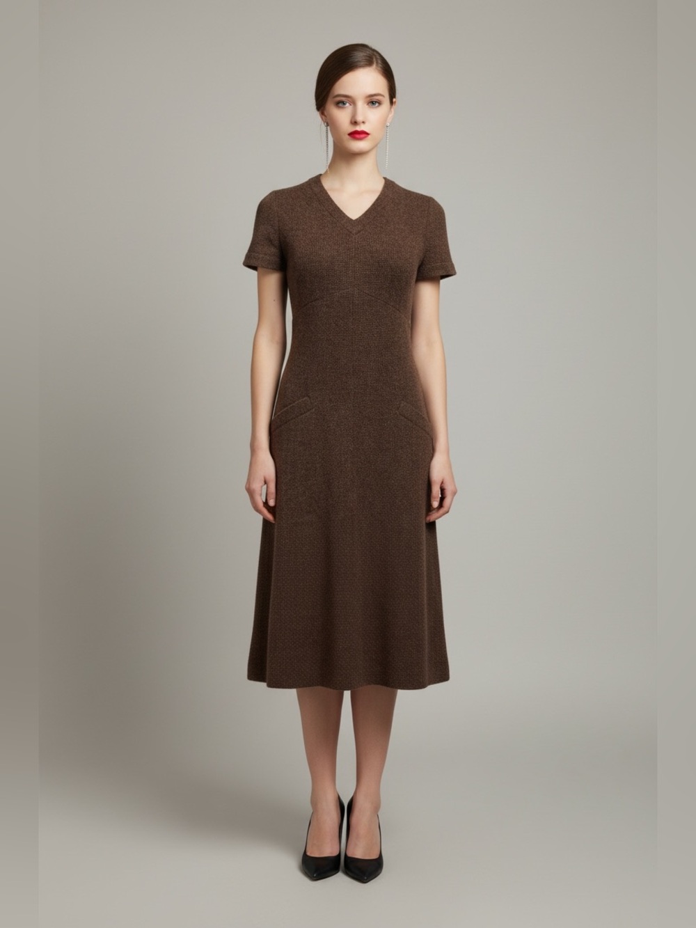 CHANEL Brown V-Neck Short Sleeve Midi Dress
